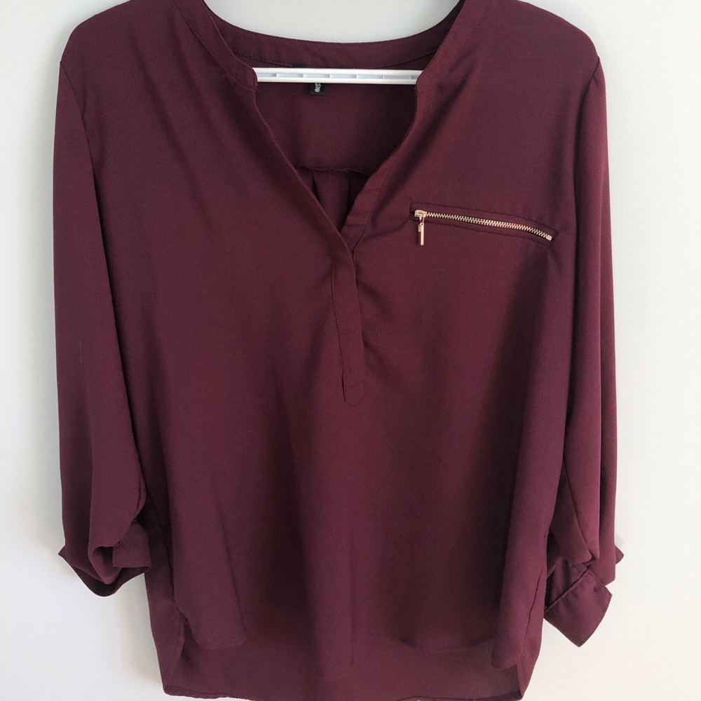 V-Neck Chiffon Blouse w/ Faux Pocket